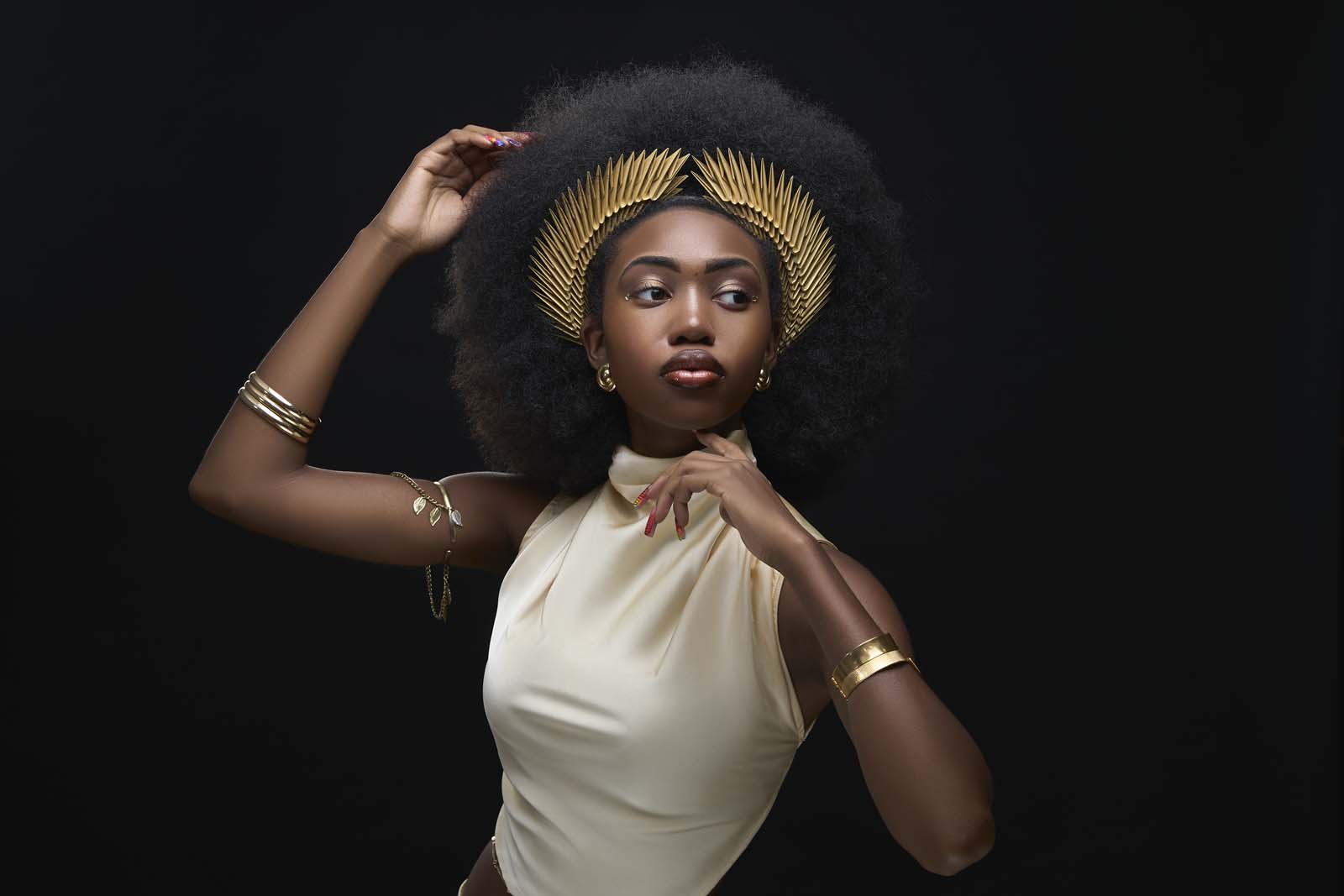 Black woman afro gold headpiece fine art NYC