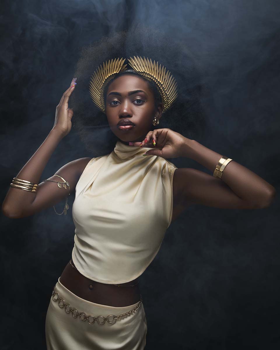 Black woman gold headpiece smoke effect fine art NYC