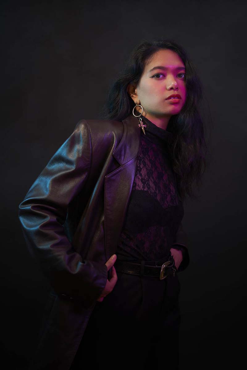 Woman leather jacket dramatic editorial portrait NYC