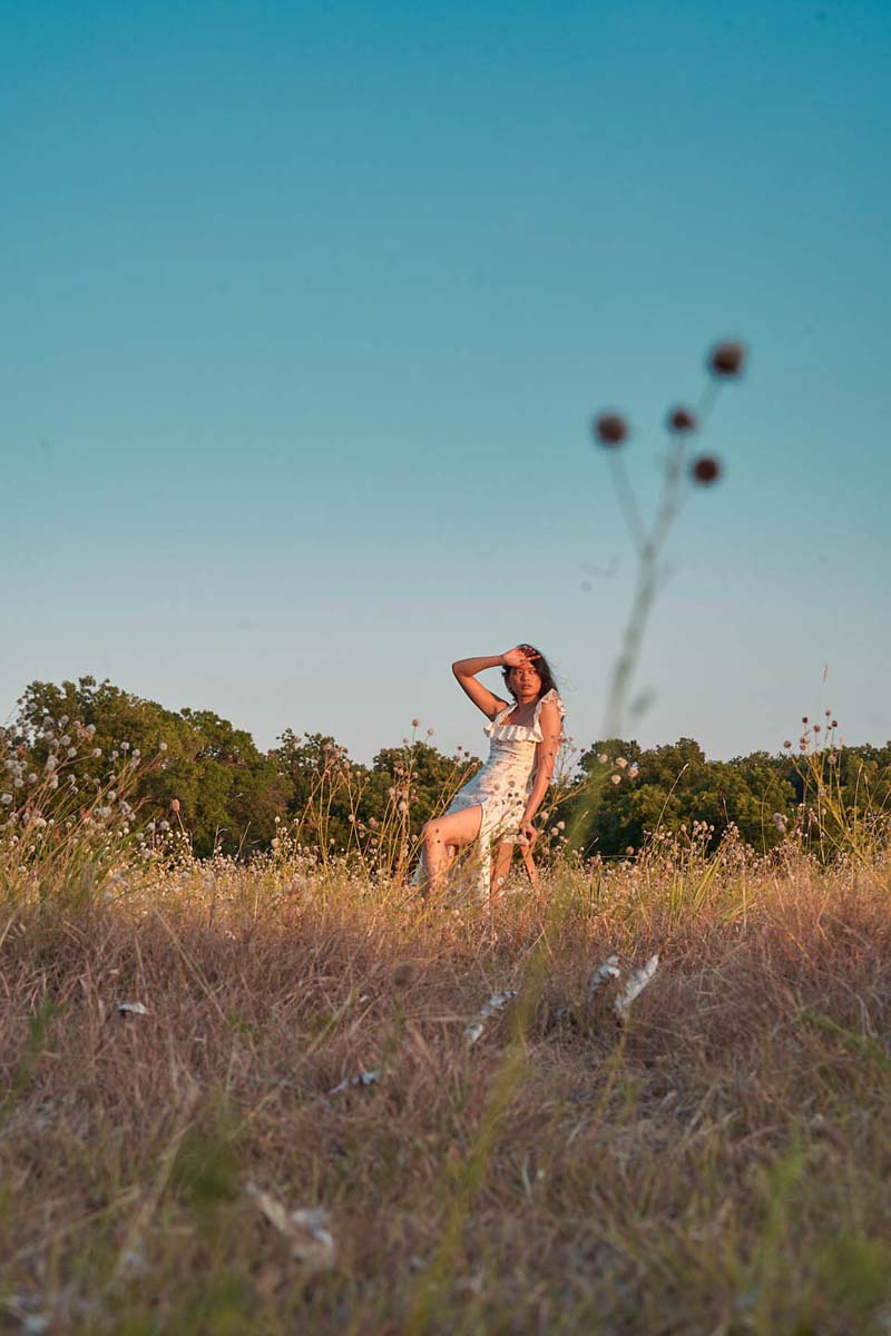 Woman white dress field sunlight lifestyle portrait NYC